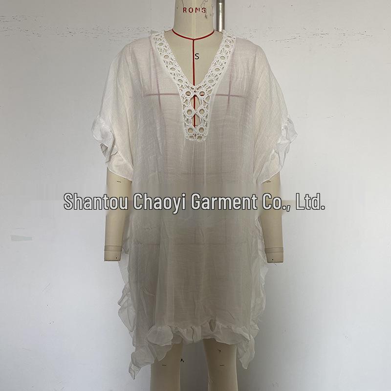 New Hollowed-Out Crochet Flower Collar Ruffle Dress: Comfortable, Loose Sun Protection Cover-Up for Seaside Vacations