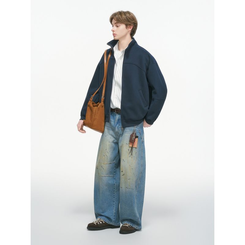 Dream Made American-Style Deconstructed Cleanfit Stand-Up Collar Cardigan Sweatshirt for Men, Heavyweight Short Jacket for Spring and Autumn