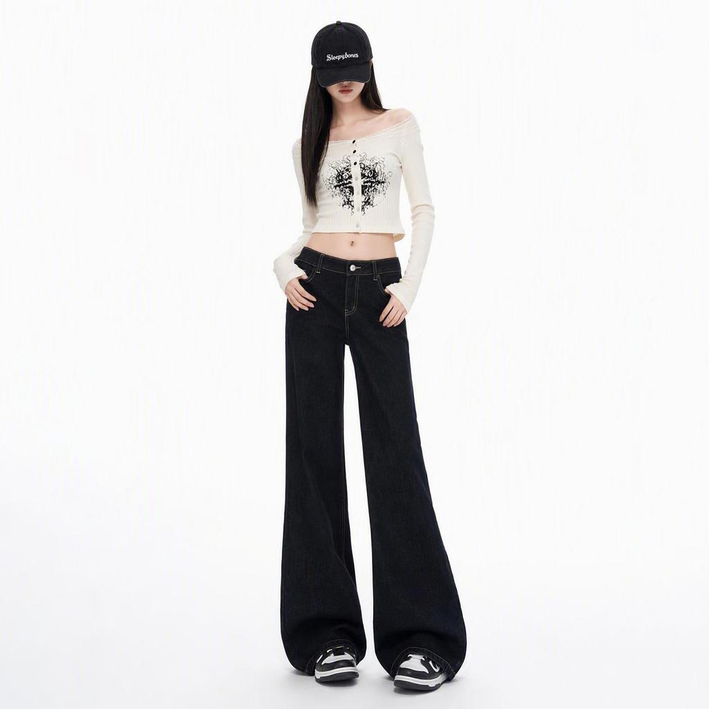 Pocket flip slightly pulled jeans women's autumn and winter non-stick legs horseshoe pants elastic high waist thin straight flared pants