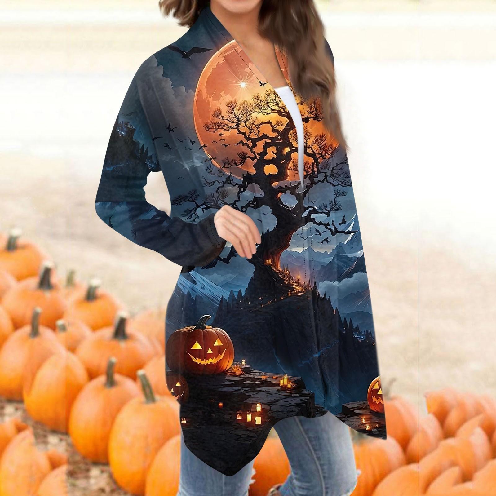 

Женская мода, повседневный кардиган с принтом на Хэллоуин, средней длины, куртка, пальто M синий