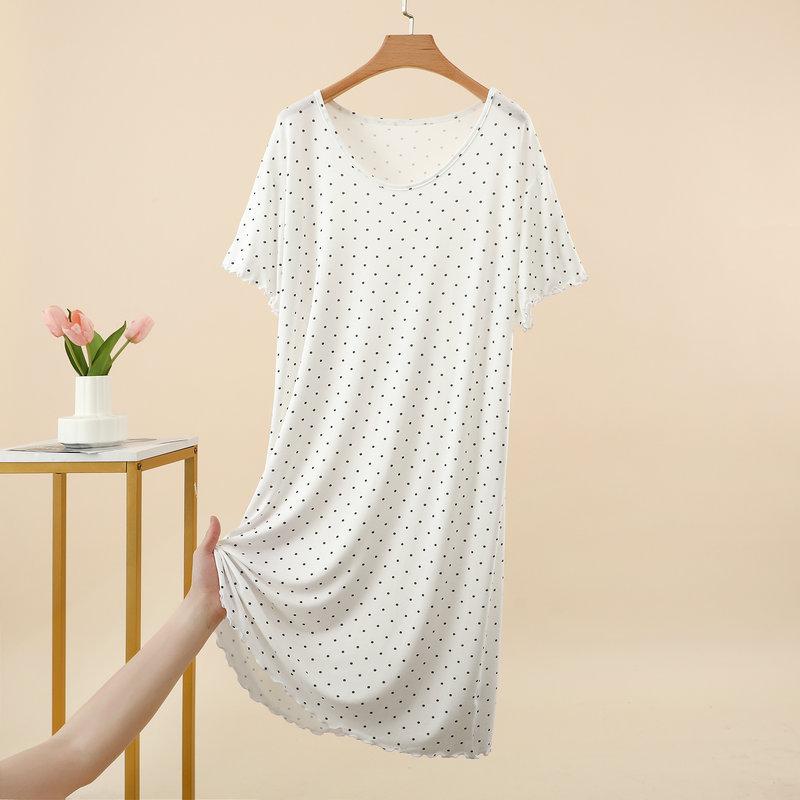 Damen Sommer Modal Pünktchen Rüschen Kurzarm Midi Kleid Übergröße Schmeichelnd Lockerer Schnitt Nachthemd Lässiges Nachthemd Loungewear Kleider