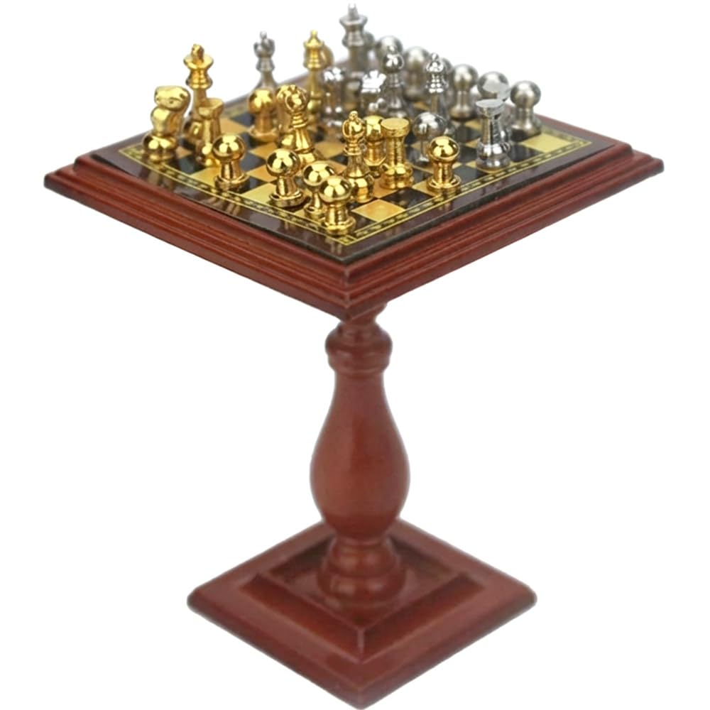 

moin moin Miniature 16 112 Scale Dollhouse Furniture Chess Set with Magnets (Non-Falling, Non-Slip) Metal Pieces, Wood Grain Finish, Table,