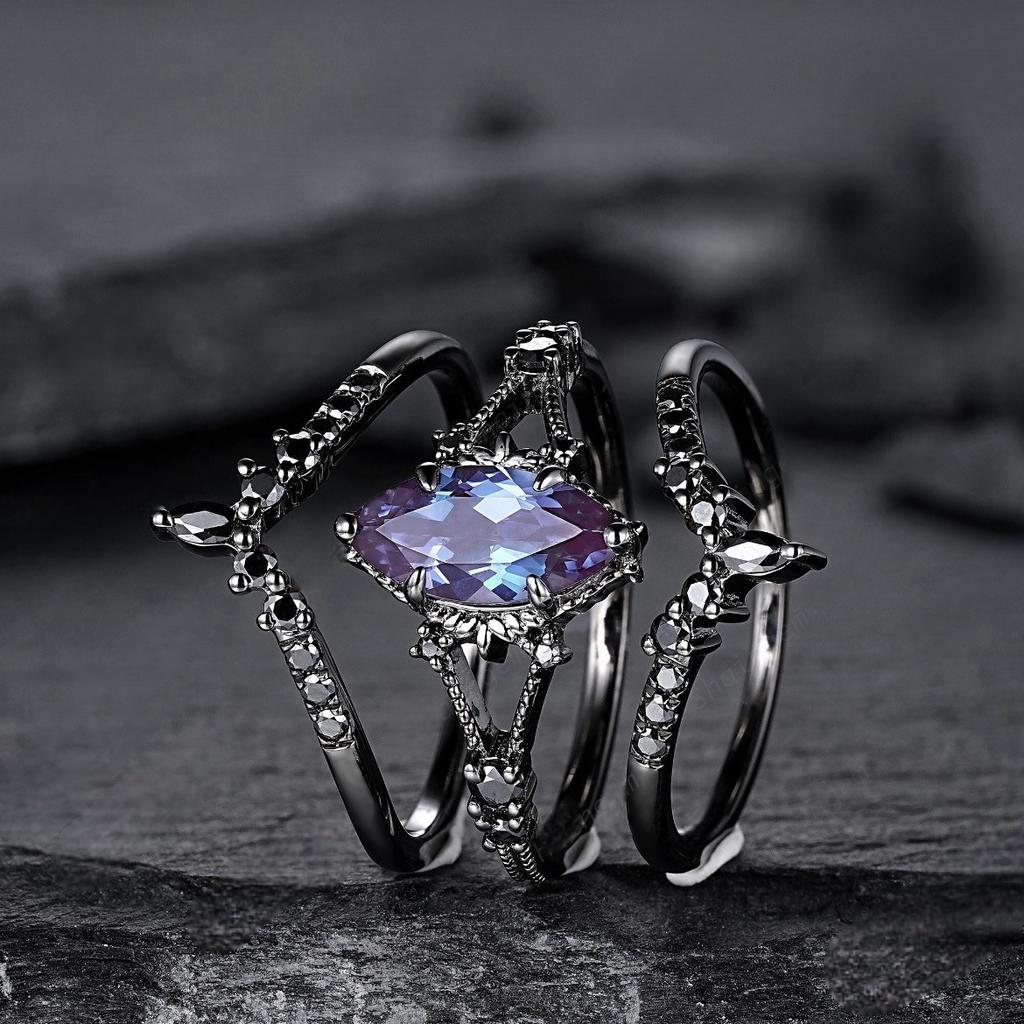 Nouveau jeu de bagues rétro trois pièces couleur bronze style européen et américain Croisé Améthyste Guerrier Noir Bijoux Bague pour Femme