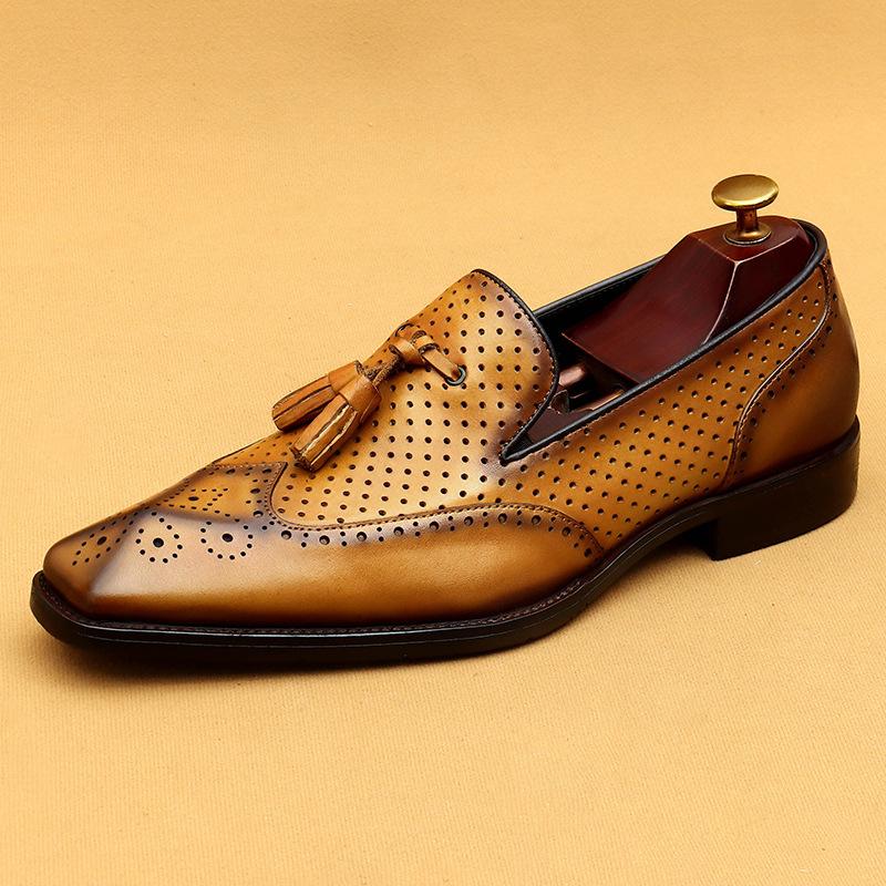 Tassel Loafers Casual Summer Leather Shoes Men'S Hollow Breathable Leather Business Dress Shoes