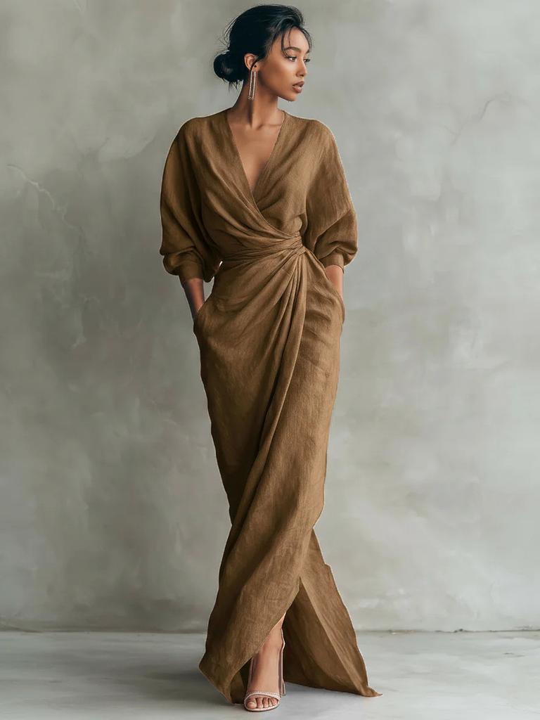 Spring Summer V Neck Waist Tshirt Dress With Slit For Vacation Travel