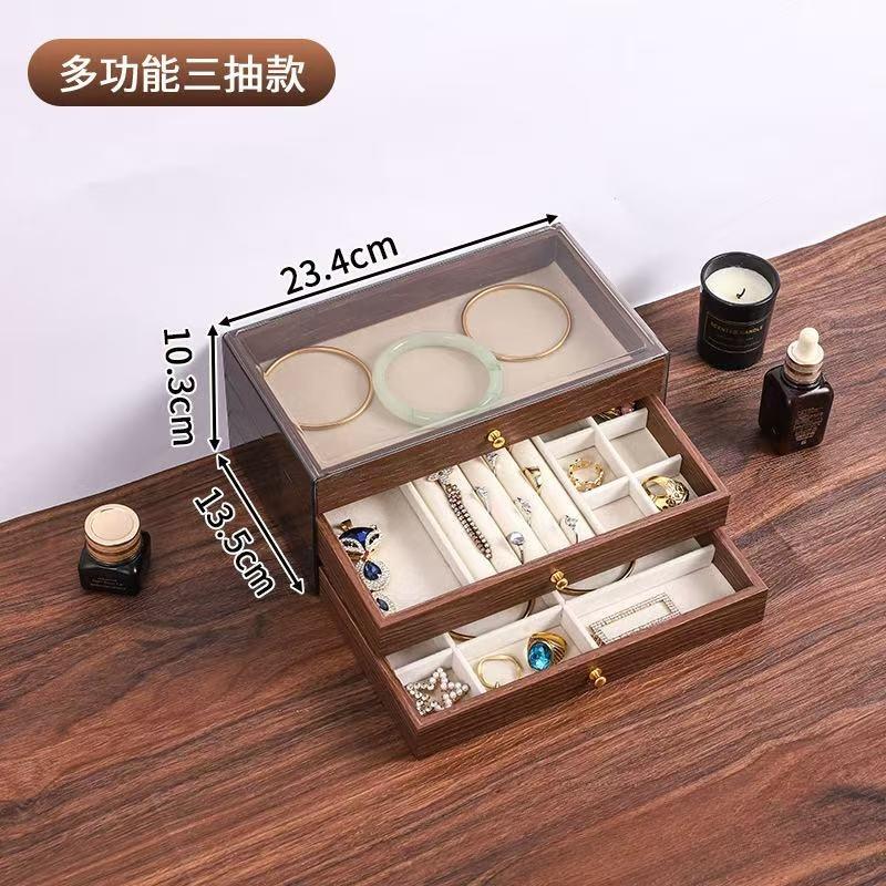 

Vintage Wooden Jewelry Box Three Layer Wooden Drawer Storage Box Velvet Lined Display Box Multifunctional Acrylic Storage Boxs