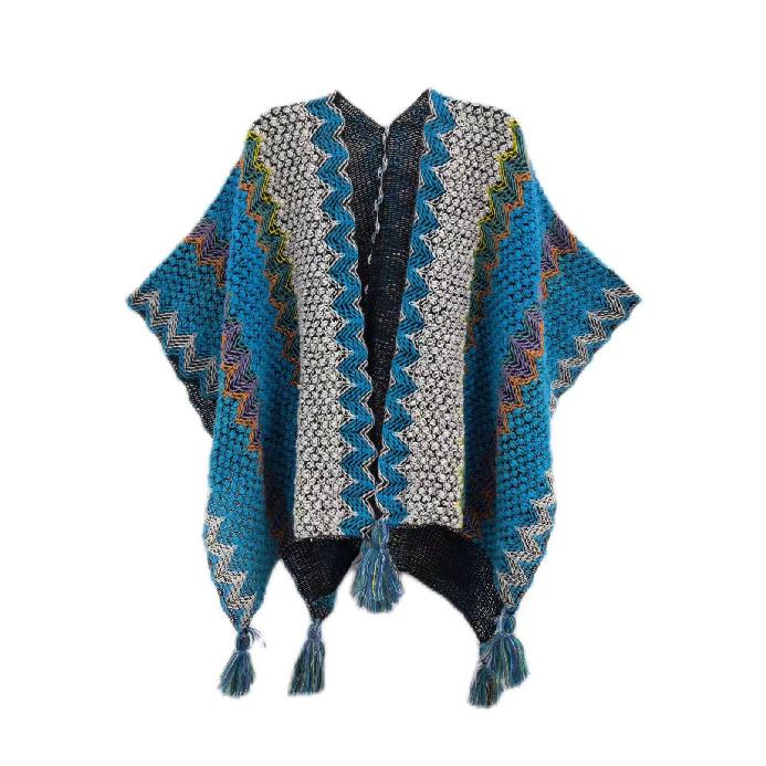 Shawl Wraps for Women Boho Knit Poncho Ladies Rainbow Casual Loose Striped Fringe Blanket Scarf