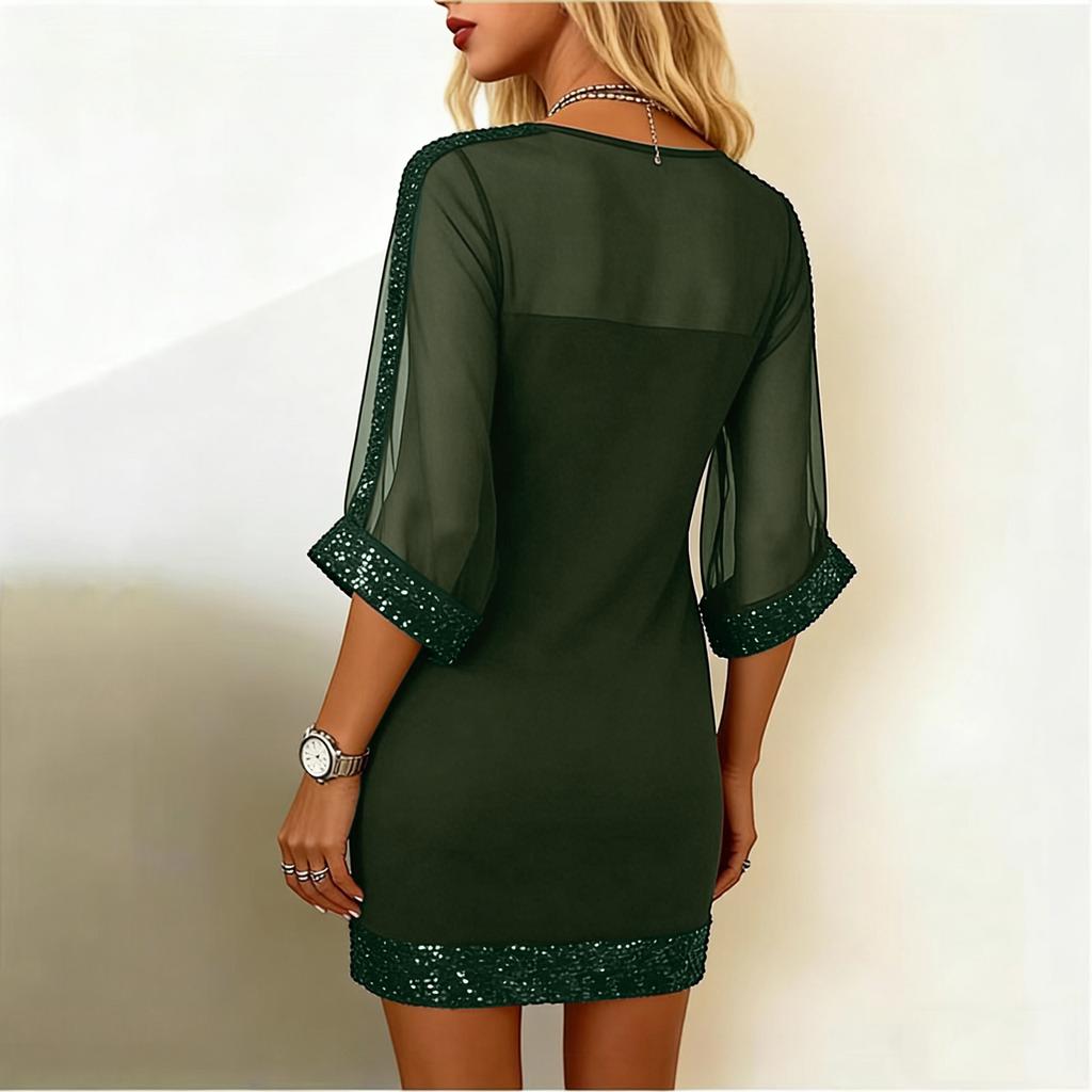 Women's Fashion Stitching Mesh Sequins Round Neck Sexy Slim-Fit 3/4 Sleeve Dress