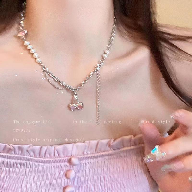 Cherry Girl~ Pearl Metal Splicing Necklace Xia Tian Cool Wind Ins Spice Girl Earrings Light Luxury Niche Clavicle Chain