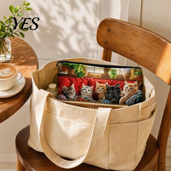 Beach Storage Organizer Toiletry Bag Organizer, Cat Printed Bag, Durable Canvas Sand-proof Cosmetic Pouch, for Travel Makeup Stationery