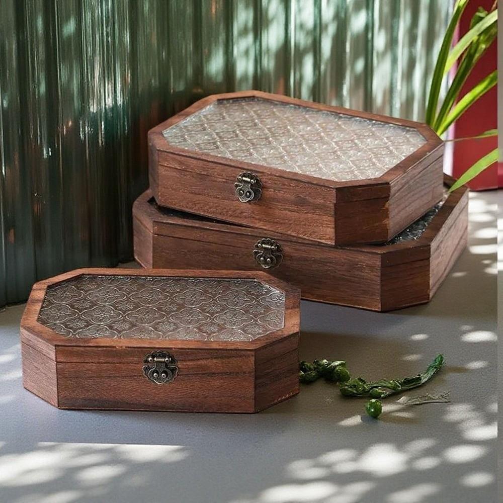 Flip Cover Wooden Storage Box Vintage Glass-Lid Box Minimalist Storage Cabinet  Perfume Storage
