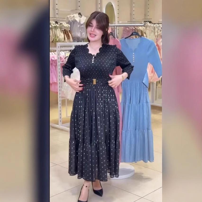 

Європейська та американська сукня великого розміру з французьким принтом, що підкреслює талію, приталена, довга, 2025 2XL