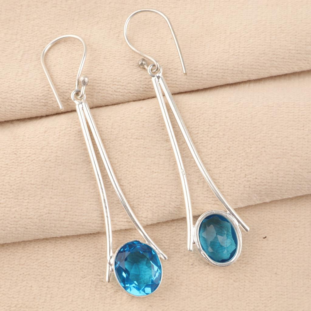 Natural Swiss Blue Topaz Gemstone 925 Sterling Silver Handcrafted Earrings 2.63" EE-136-8