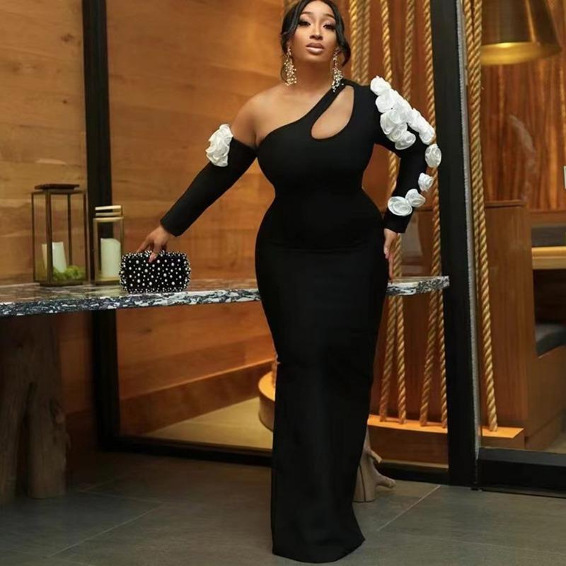 

bandage dress three-dimensional white flower sexy slanted shoulder cutout tight fashion evening gown africa XL чёрный