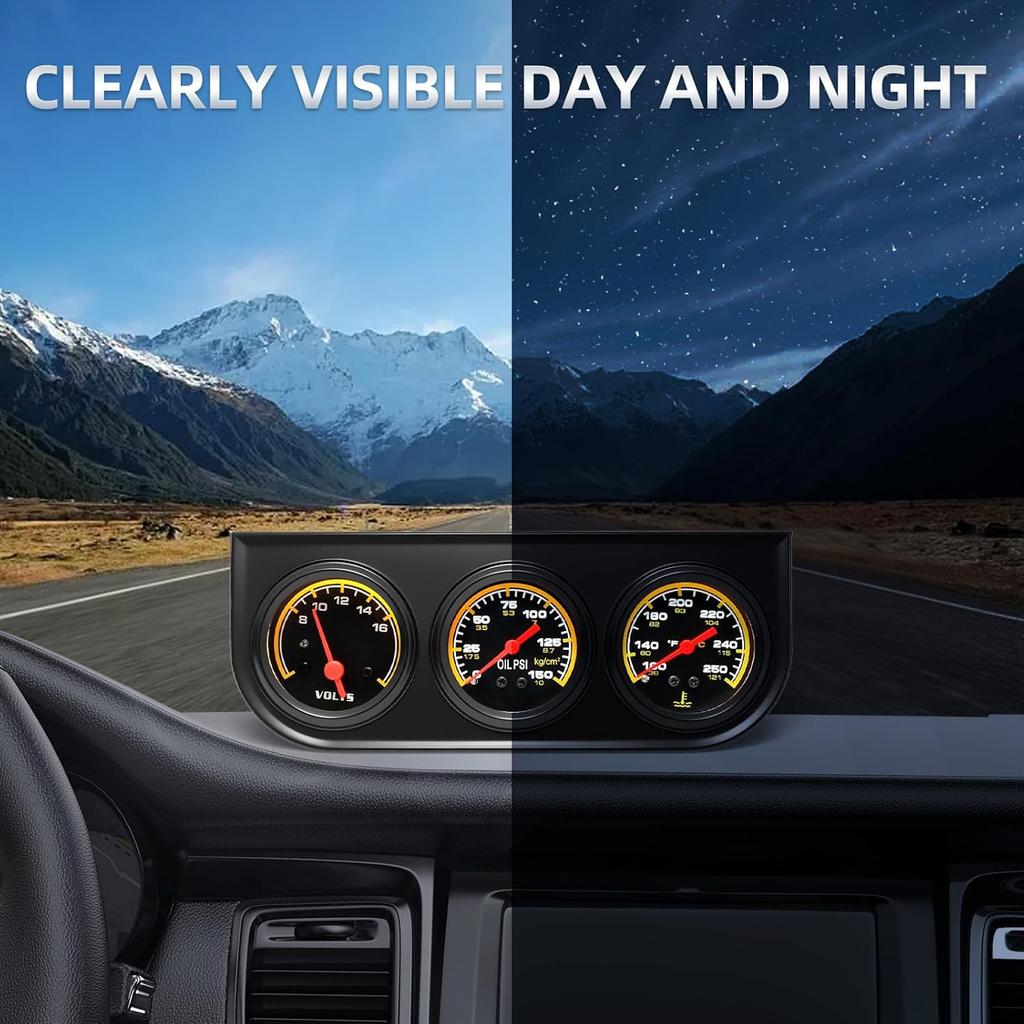 MH 2Inch 52Mm Triple Gauge Set, Oil Pressure Gauge (0-150PSI) Water Temperature (100°F-280°F) Voltmeter Car Auto 3 Gauges Kit