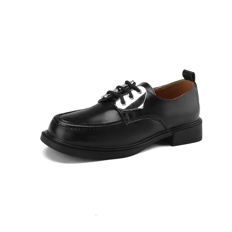 Fashion Women's New Spring and Autumn Round Head Thick Bottom Metal Lace Middle Heel Large Oxford Work Retro Single Shoe