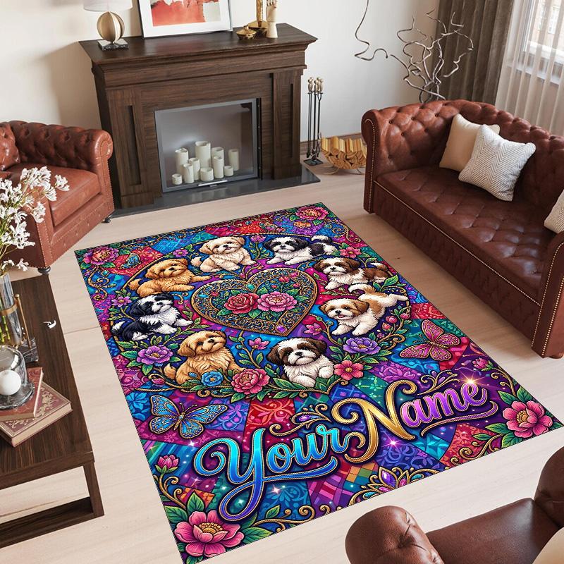 Hearts Theme Crystal Velvet Floor Rug Personalized Custom Name Text Warm Carpet Home Decoration