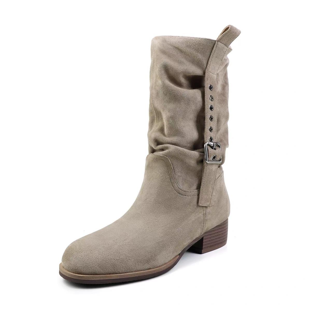 

Sheepskin Vintage Skinny Pleated Pile Boots Brown Merad Medium Boots Women s Coarse Heel Western Cowboy Boots Short Boots 40