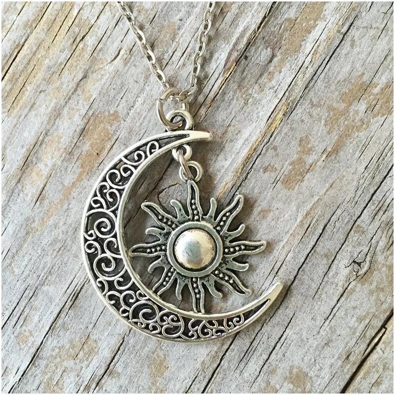 One Piece Silver Sun and Moon Necklace Chain a Pair of Celestial Best Friend Gift for Friends Long Necklace Pendant for Men and Women