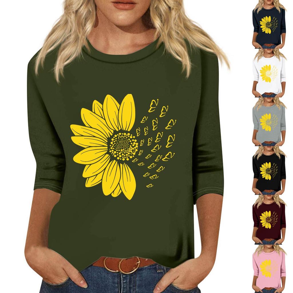 Women's Fashion Loose Casual Seven 3/4 Sleeve Printed Round Neck Pullover Top