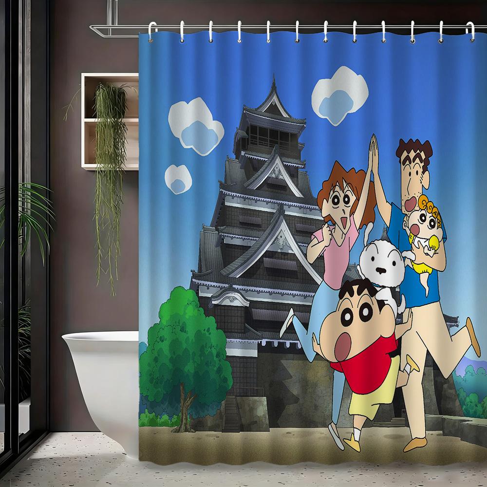 Crayon Shin-Chan & Himawari Superhero Press Conference Scene 2D Print Waterproof Shower Curtain, Blue Cityscape Bathroom Decor W