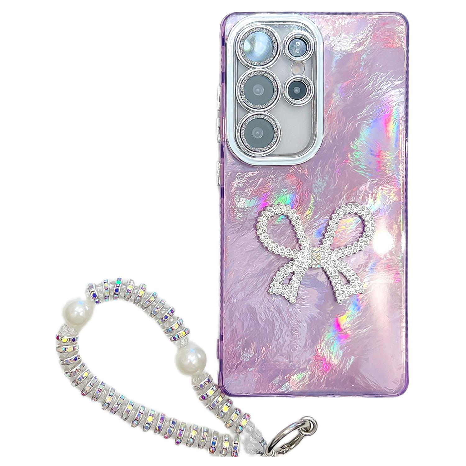 

Чохол для Samsung Galaxy S25 Ultra з ремінцем, декорований великим бантом, IMD PC+TPU чохол для телефону з плівкою для скляної лінзи Foil Pattern/Purple