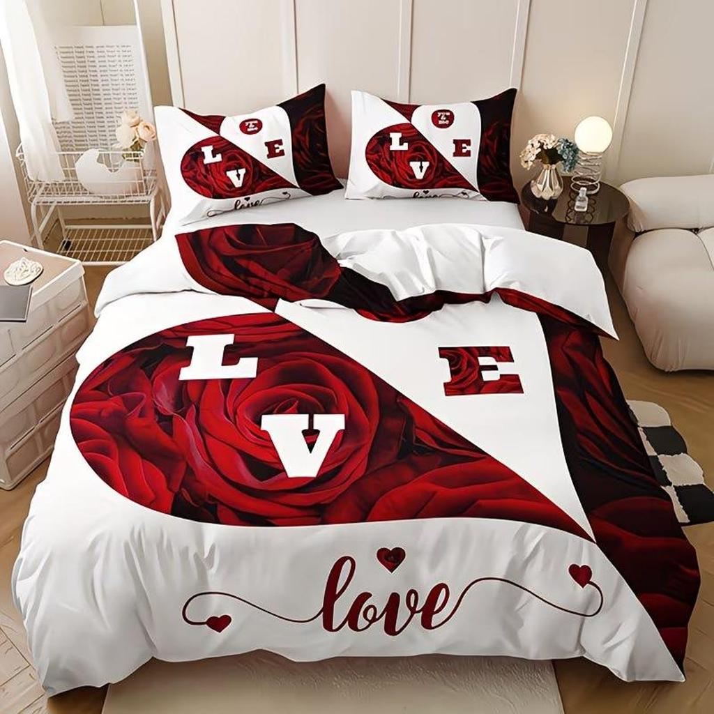 3pcs Duvet Cover Set Featuring High-Definition Printed Red And White Heart Roses with Letters Love Gifts for Couples Anniversary