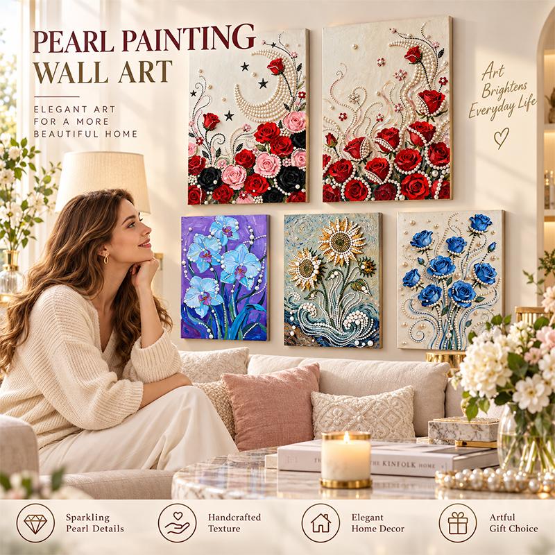 DIY Pearl Painting Kit Flower Rose Sunflower Orchids Lotus Iris Handmade Craft Art Pearl Painting for Home Wall Decor Gift for Women Adults Kids