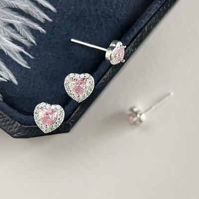 Damenohrringe aus 999er Silber mit rosa Zirkonia-Herz, schlicht