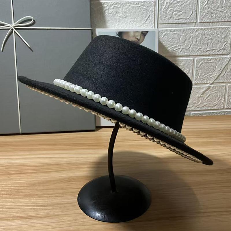 Autumn and winter pearl woolen flat top top hat children celebrity style Internet celebrity fashion versatile small brim shade felt hat