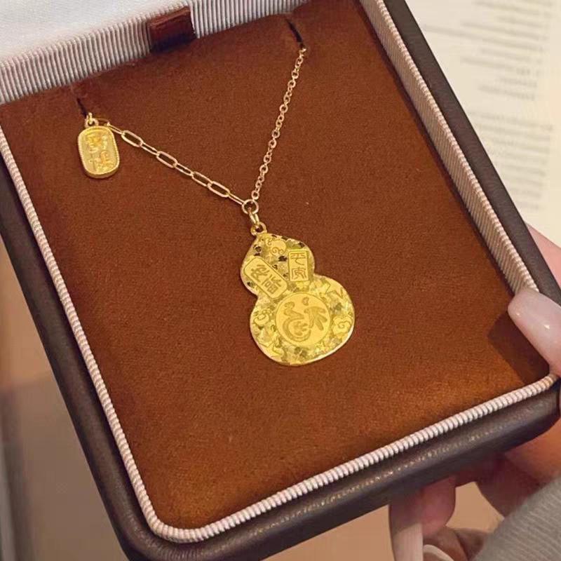Gold Crushed Ice Gourd Necklace - Chinese Style Fu Lu Good Luck Pendant Gift for Girlfriend