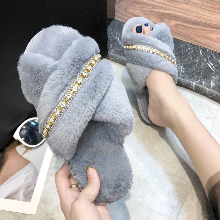 Mao Mao Slippers Cross Chain 2020 Autumn and Winter New Korean Version Flat Bottom Warm Indoor Cotton Mop Fashion Plush Shoes