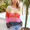 Women Crochet Hollow Out Cover Up Long Sleeve Color Block Crew Neck Beach Bikini Swimsuit Mesh Top Pink XL
