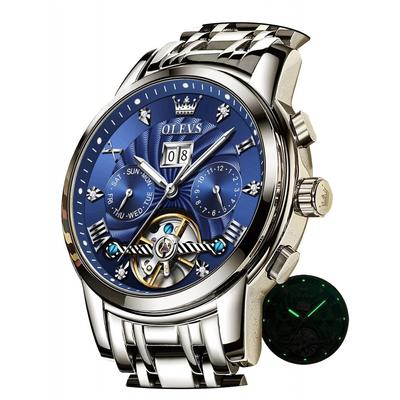 Orologio automatico blu da uomo, popolare, scheletrato, elegante, con bracciale luminoso, calendario e data, impermeabile, blu
