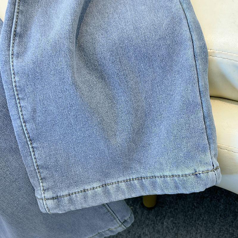 Women's Light Blue Plush Elastic Waist Wide-Leg Jeans, 2025 Spring/Autumn, Thickened, 9/10 Straight Leg.