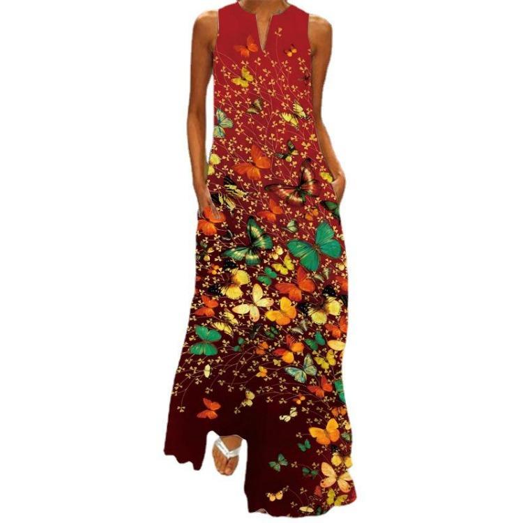 Sleeveless V Neck Retro Printed Multicolor Maxi Dress with Pockets