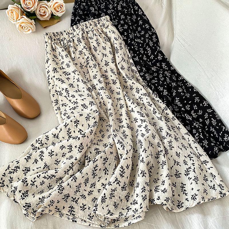 Women's Spring and Summer High-Waisted Vintage Floral A-Line Half Skirt Mid-Length Versatile Slimming Umbrella Skirt Long Skirt