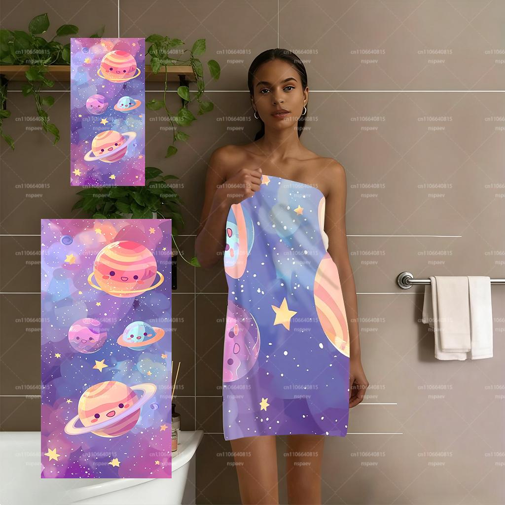 Cute Cartoon Planet Beach Towel, Kawaii Space Galaxy Print Bath Towel, Super Absorbent Microfiber Towel for Kids & Adults,