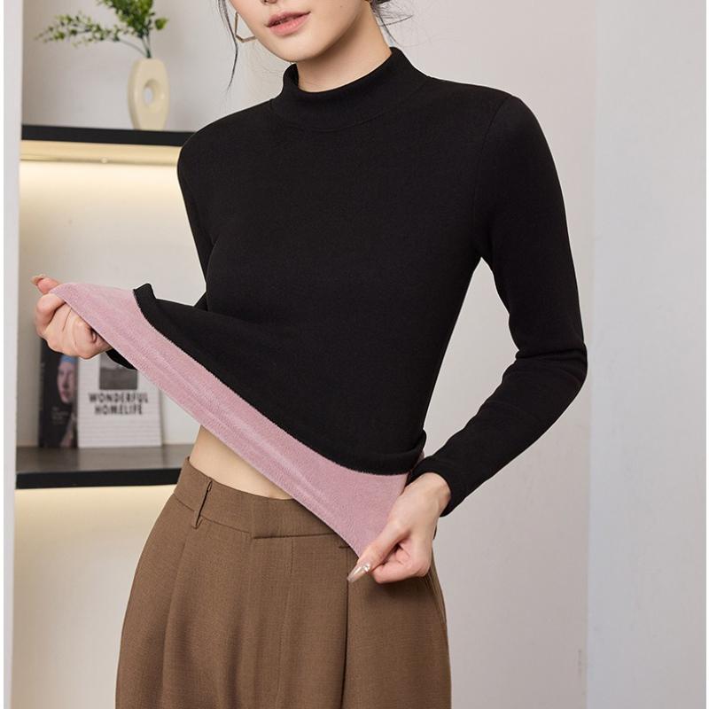 Camel Wool Base Layer Women Autumn Winter Outer Wear Fleece Lined Long Sleeve Top Semi High Neck Knit Sweater Versatile Style