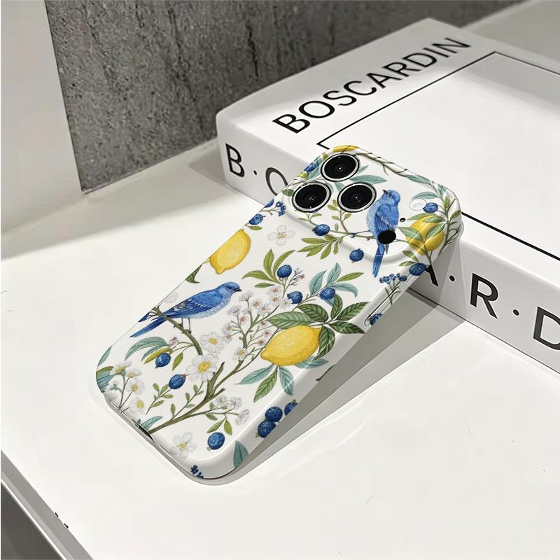 Botanical Blue Bird Lemon Blueberry Floral Art Film Aesthetic Protective Shockproof Bumper Phone Case Cover For iPhone 14 15 16 17 Pro Max Plus