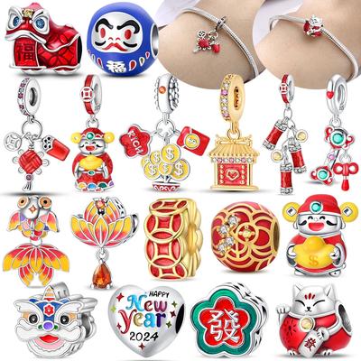 Original Copper Red New Year God Wealth Firecracker Pendant Gold Coin Beads Fit Bracelet Women Diy Gift Accessory