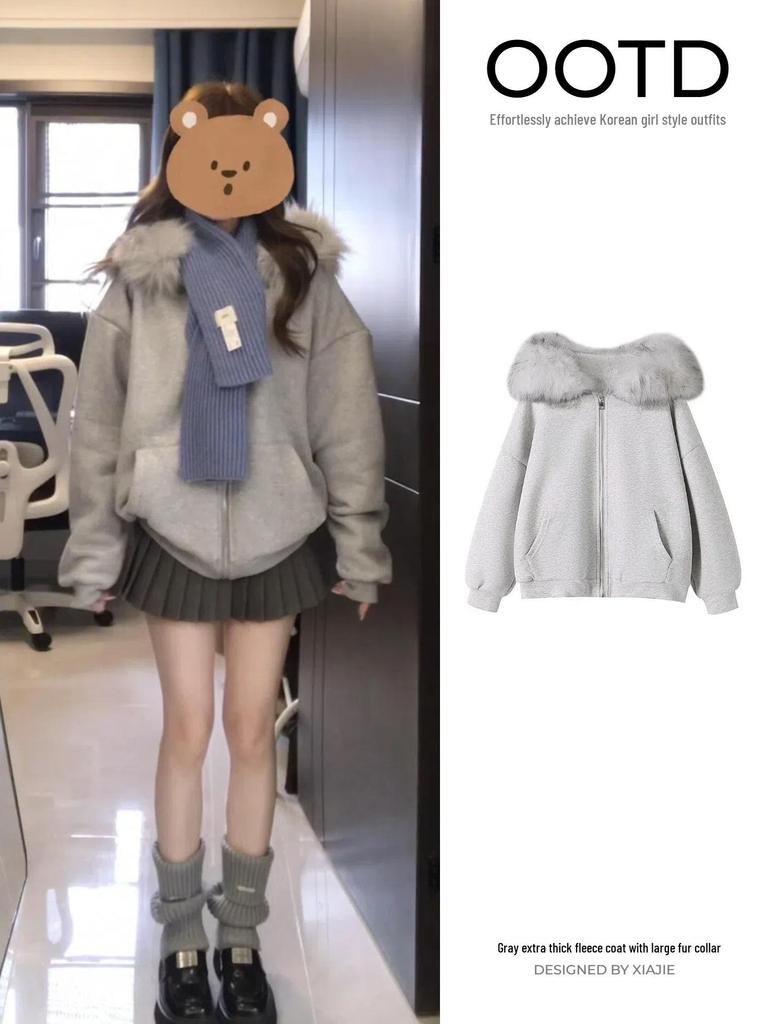 Women's Grey Fur Collar Fleece-Lined Hoodie, Korean Style, Small Size, 2025 Autumn/Winter Collection.