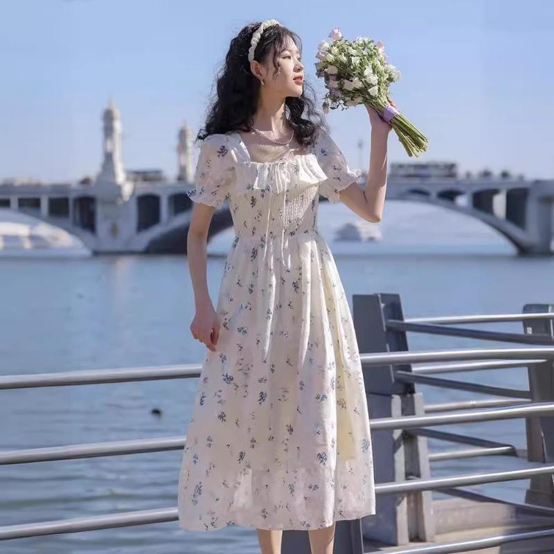 Orchid Dress Square Neck Small Fresh Floral Dress Mori 2026 Printed Bubble Sleeve First Love Fairy Short Sleeve Dress Summe