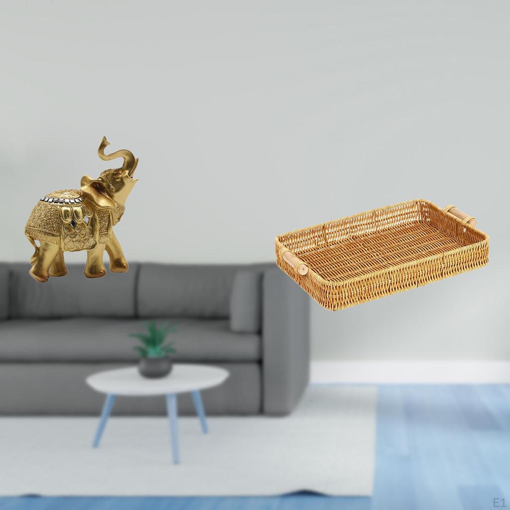 Resin Elephant Sculpture And Woven Fruit Basket Decorative Ornament for Desktop Shelf Bedroom Home