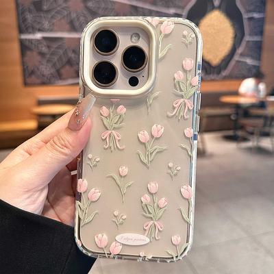 Stylish Pink Tulip Flower Pattern Cute Phone Cases for iPhone 17 16 15 14 13 12 Pro Max 16Pro Transparent Shockproof Case Cover