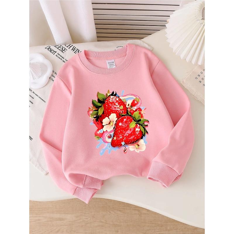 European sizes Kids' Crewneck Sweatshirt | Strawberry Floral Sparkle Pattern, , Sportswear and Casual Wear, Soft and Comfortable, Clothing, Teenagers