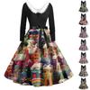 אופנה נשים עגול צווארון מזדמן Slim חג המולד מודפס שמלות שרוולים ארוכים