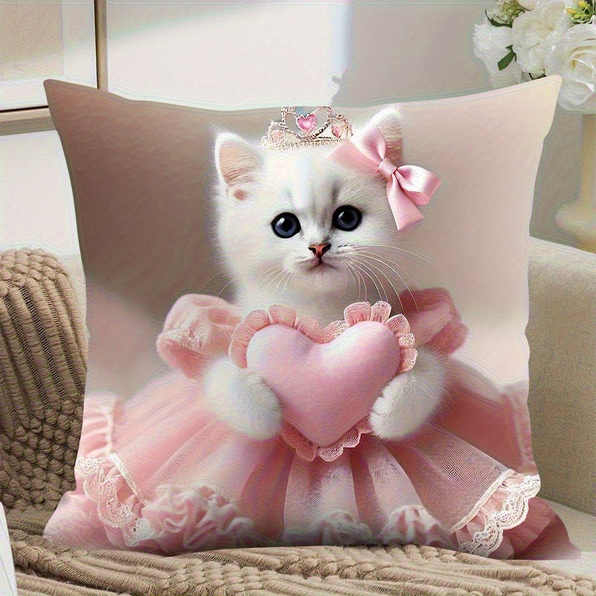 

Cute White Cat Princess Pillowcase Pink Heart Bow Cushion Cover Kawaii Animal Decor for Kids Room Sofa 40cmx40cm
