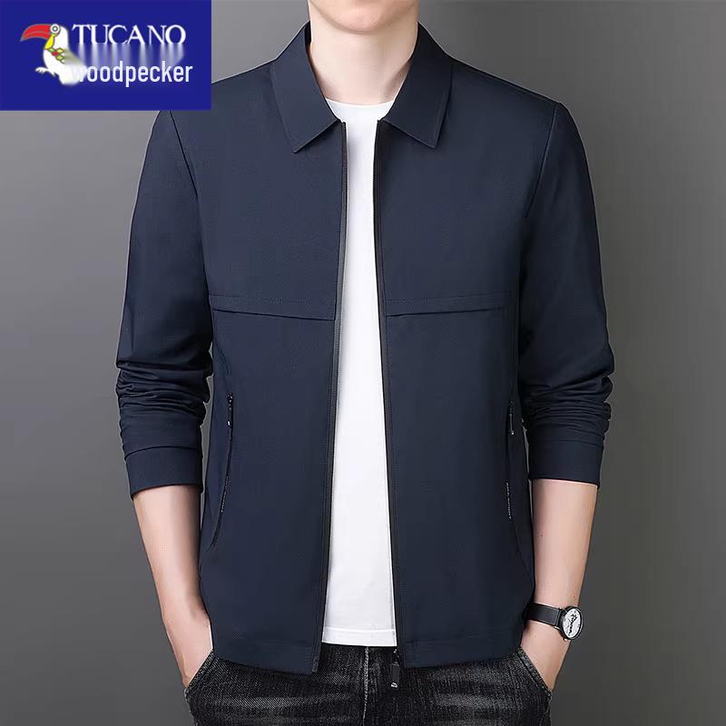 Men's Woodpecker Turn-Down Collar Jacket - Trendy Spring-Autumn Executive Coat, Versatile Business Wear for Dad.