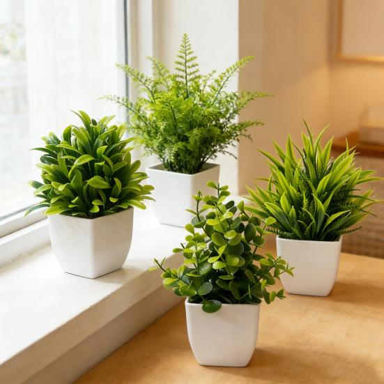4 Stück Mini künstliche grüne Topfpflanzen, kleine Fake-Pflanzen mit Topf für Zuhause, Büro, Indoor, Tisch, Regal, Bauernhaus, Badezimmer Dekoration
